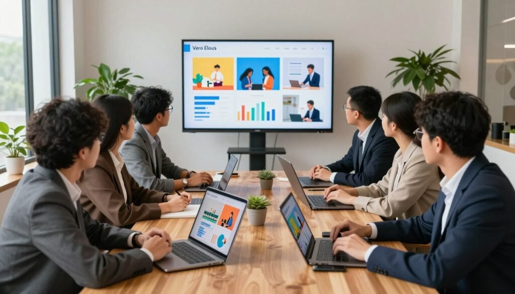 A modern and inviting workspace featuring a diverse group of professionals in business attire, gathered around a large wooden table, discussing a digital marketing strategy focused on showcasing their company's profile. On the table are laptops and tablets displaying vibrant images and videos of their products and services. The backdrop showcases a large screen displaying a colorful digital presentation of analytics and visuals. Soft, natural light floods the room through large windows, creating a warm atmosphere. The setting emphasizes collaboration and innovation, with lush green plants in the corners and minimalist decor reflecting the brand "Vero Elous". Capture the energy and engagement of the team as they emphasize the importance of images and videos in strengthening their online presence.